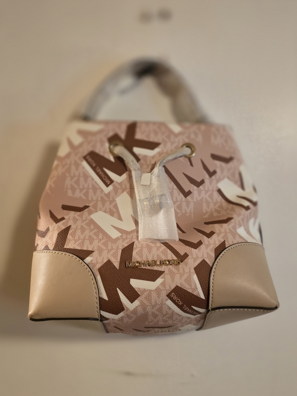 Michael Kors Pink and Brown Logo Drawstring Backpack